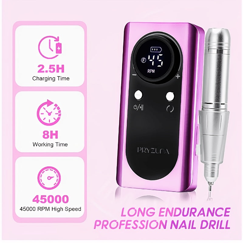 Electric Nail Drill 45000 RPM Cordless Kit with LCD Display and V2 Pink, White or Purple Options