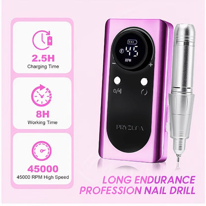 Electric Nail Drill 45000 RPM Cordless Kit with LCD Display and V2 Pink, White or Purple Options