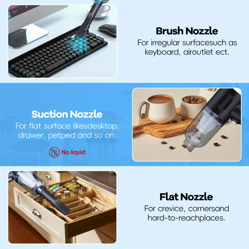Handheld Vacuum Cleaner with Cordless T-Handle Design, Wet Pickup, Three Nozzles and USB Charging