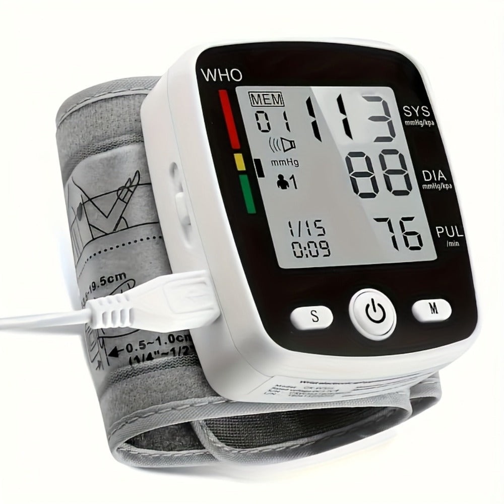 Blood Pressure Monitor for Wrist, Rechargeable LCD Device with Voice, 2 x 99 Memory and Portable Case