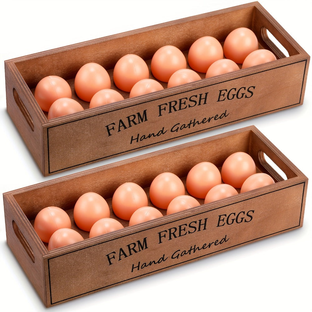 Farmhouse Wooden Egg Holder Rack 2pcs – 24 Egg Storage Display with Handle for Kitchen, Farm, Easter