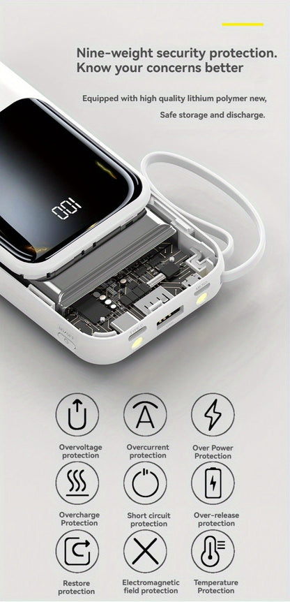 Power Bank 21000mAh Mini with 5W or 22.5W Power Options, Built-In Cable Set and LED Display