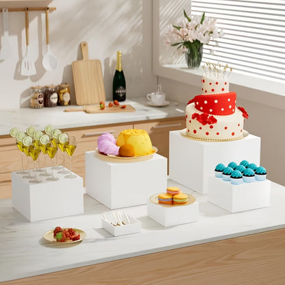 Display Stands 6pcs Five-Sided Square Buffet Risers – White Transparent Dessert Cake Display Storage Rack for Party Wedding Catering Retail