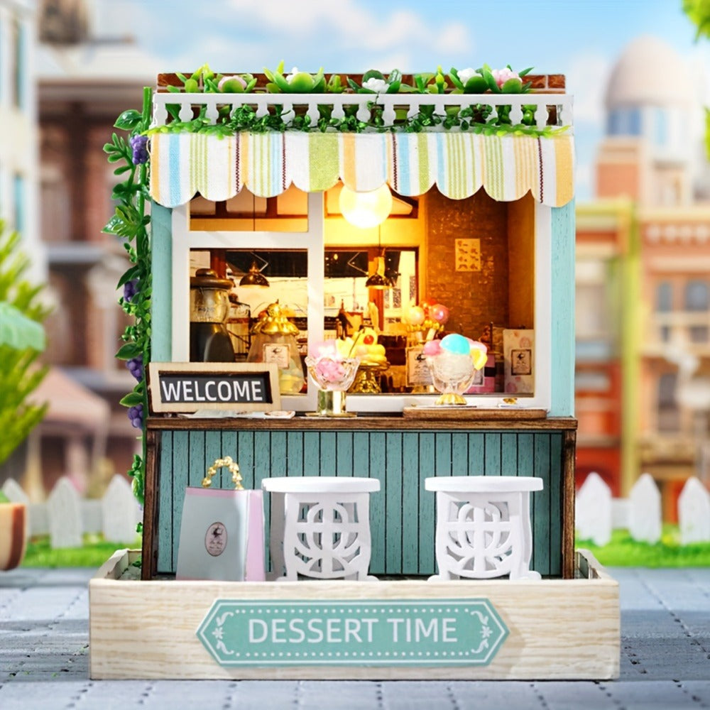 DIY Wooden Tiny House Kit with Dust Cover, Handmade Miniature Dollhouse Puzzle, 3 Themes Afternoon Tea Rotating Food House Moon Magic