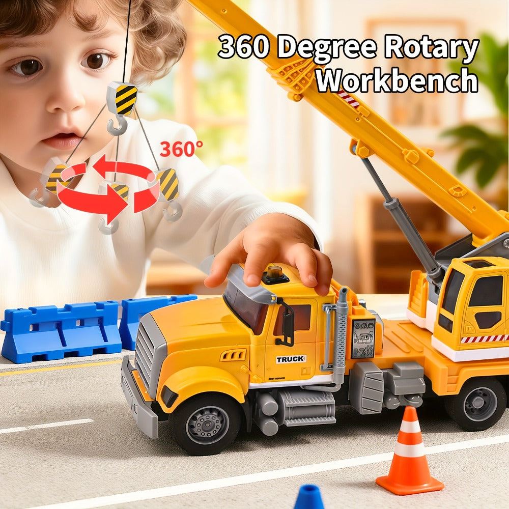 13-Inch Tow Truck Toy with Lights & Sounds, Friction Powered Transport Crane Truck for Boys Ages 3 4 5 6