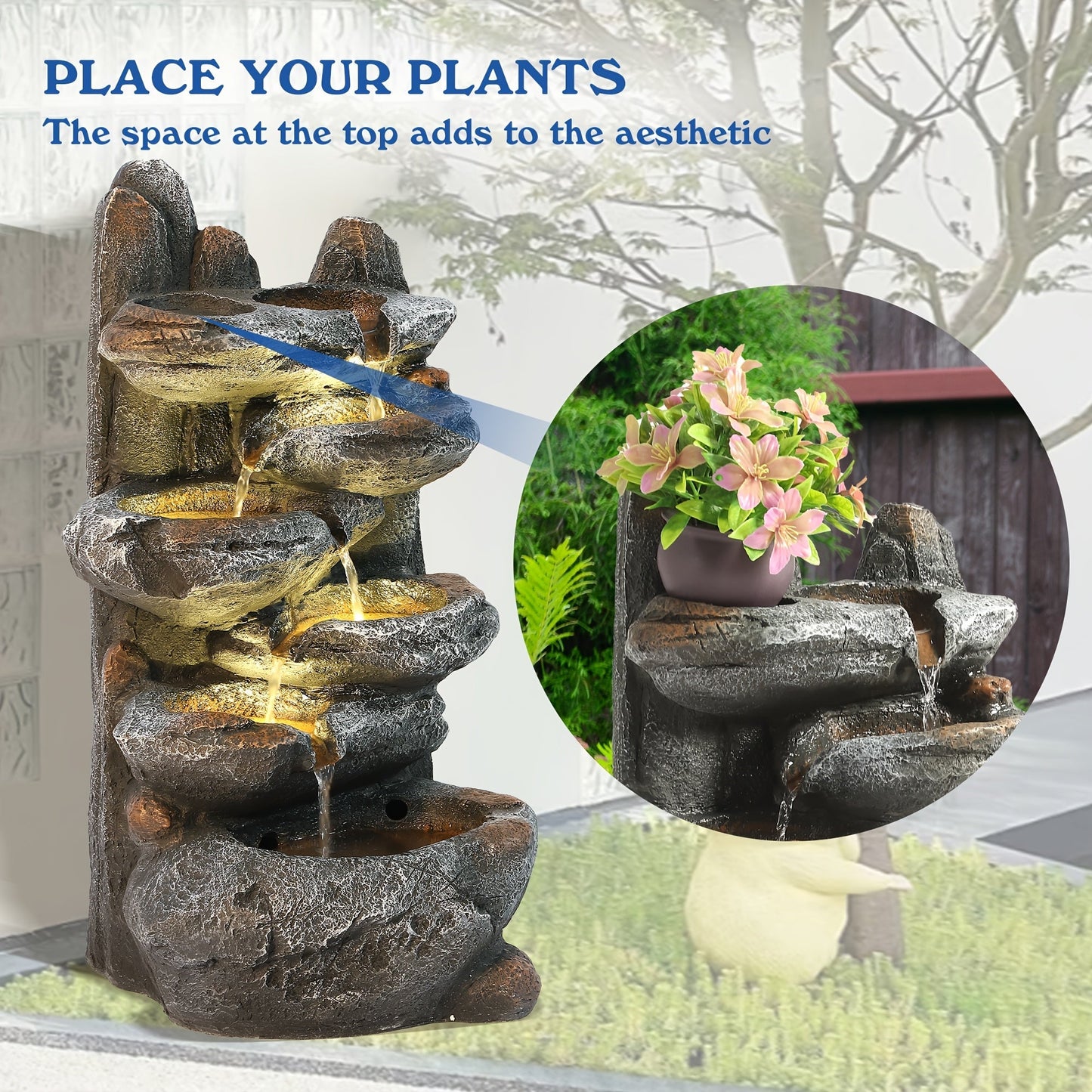 Outdoor Water Fountain 6-Tier Cascading Garden Fountain with LED Lights, Pump & Rocky Peak Decor