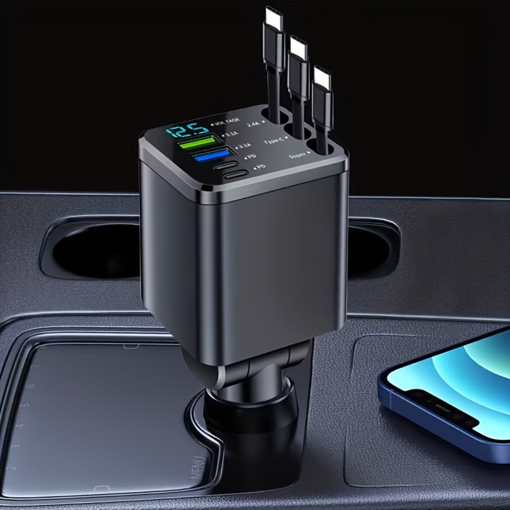 7-in-1 Car Fast Charger with 3 Retractable Cables, LED Digital Display, 180° Adjustable Arm, Universal Plug