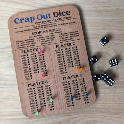 Crap Out Dice Score Board Game 2pcs – 10 Inch Wooden Dice Scoreboard with 6 Dice & 12 Scoring Pegs, Fun Family Dice Game for 1-4 Players