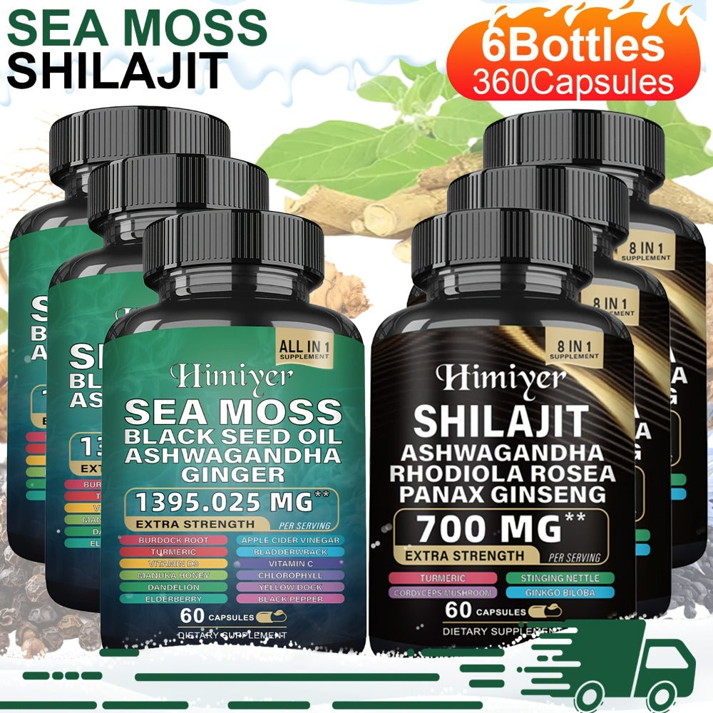 Sea Moss and Shilajit Capsule Supplements in 60-Count Bottles with One- to Six-Bottle Options