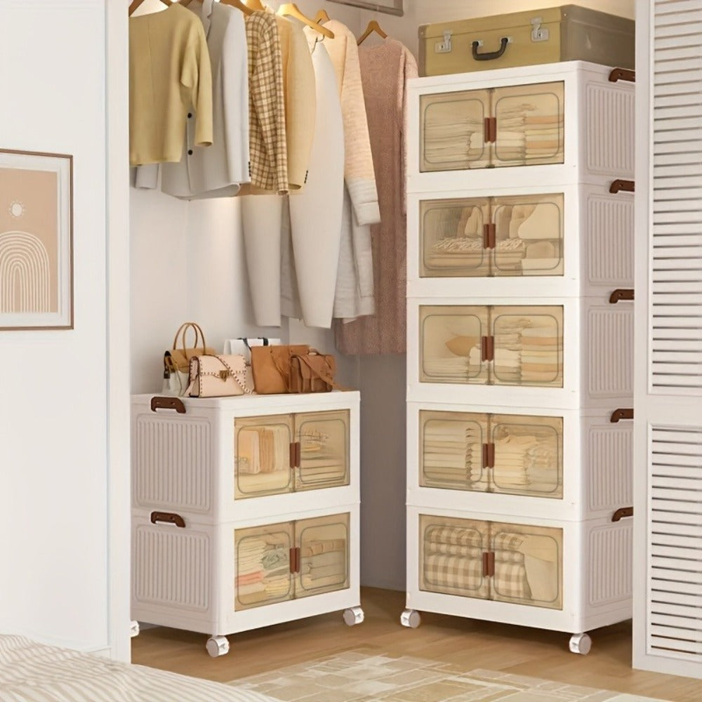Folding Storage Cabinet 1-6 Tier Collapsible Stackable Organizer with Wheels and Lids – Extra Large Foldable Storage Locker for Closet