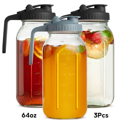 Two-Pack 64-Ounce Mason-Style Glass Pitchers with Black and Gray Flip Lids and Long Handles