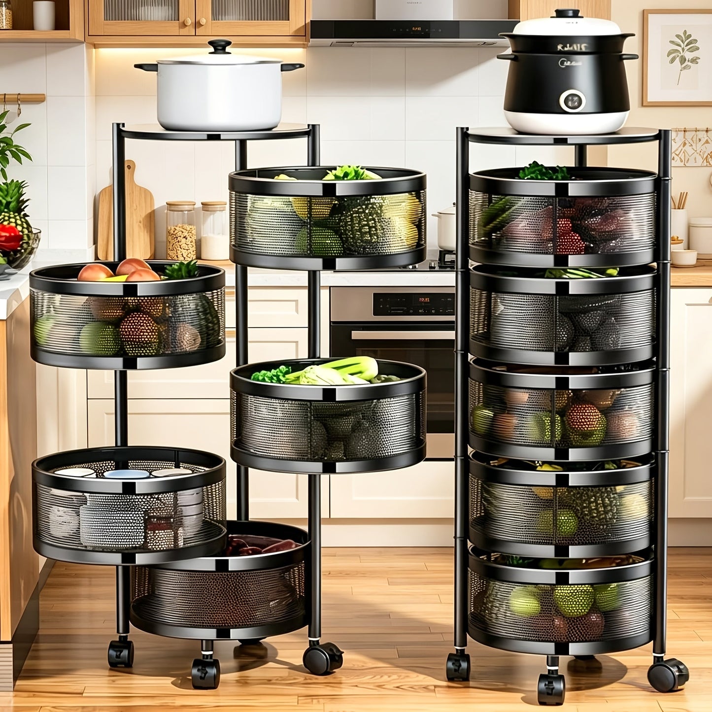 Rolling Storage Cart with Wheels 5-Tier 360° Rotating Kitchen Organizer Basket, No Assembly Space-Saving Floor Standing Bin for Kitchen