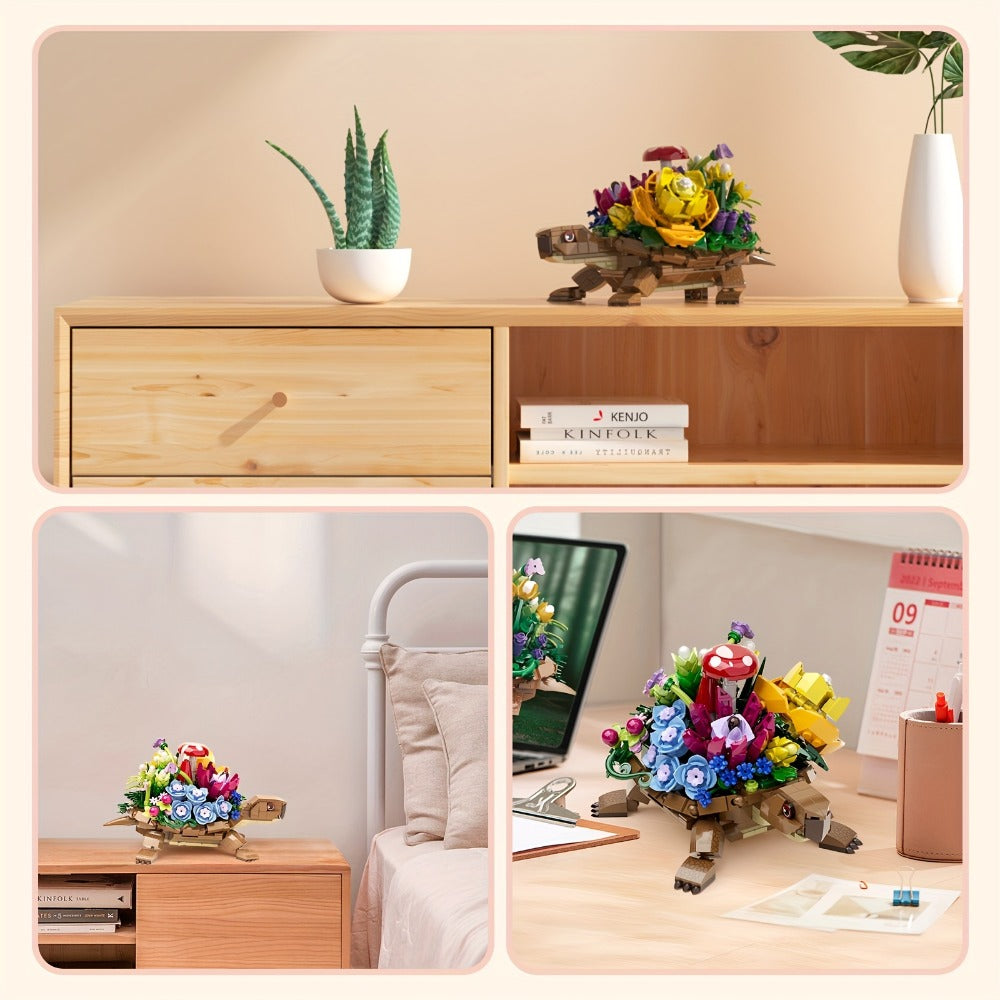 Turtle Flower Planter Building Block Set 510 Pieces – Cute Turtle Brick Puzzle Decor Toy, Unique Handmade Display Gift for Kids Teens Adults