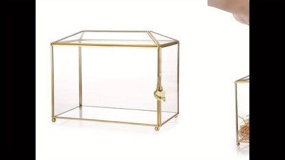 Wedding Card Box with Lock Glass Gold Transparent Slot Lid 10.2x5.9x8.3 In Holds 100 Cards for Wedding Baby Shower Birthday Party