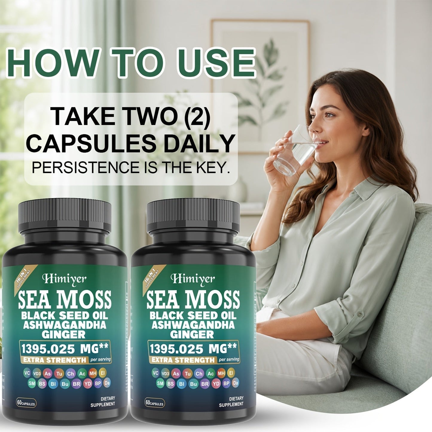 Sea Moss Ashwagandha Capsules 16-in-1 with Black Seed Oil Turmeric Cinnamon, Boosts Energy Immunity & Athletic Performance
