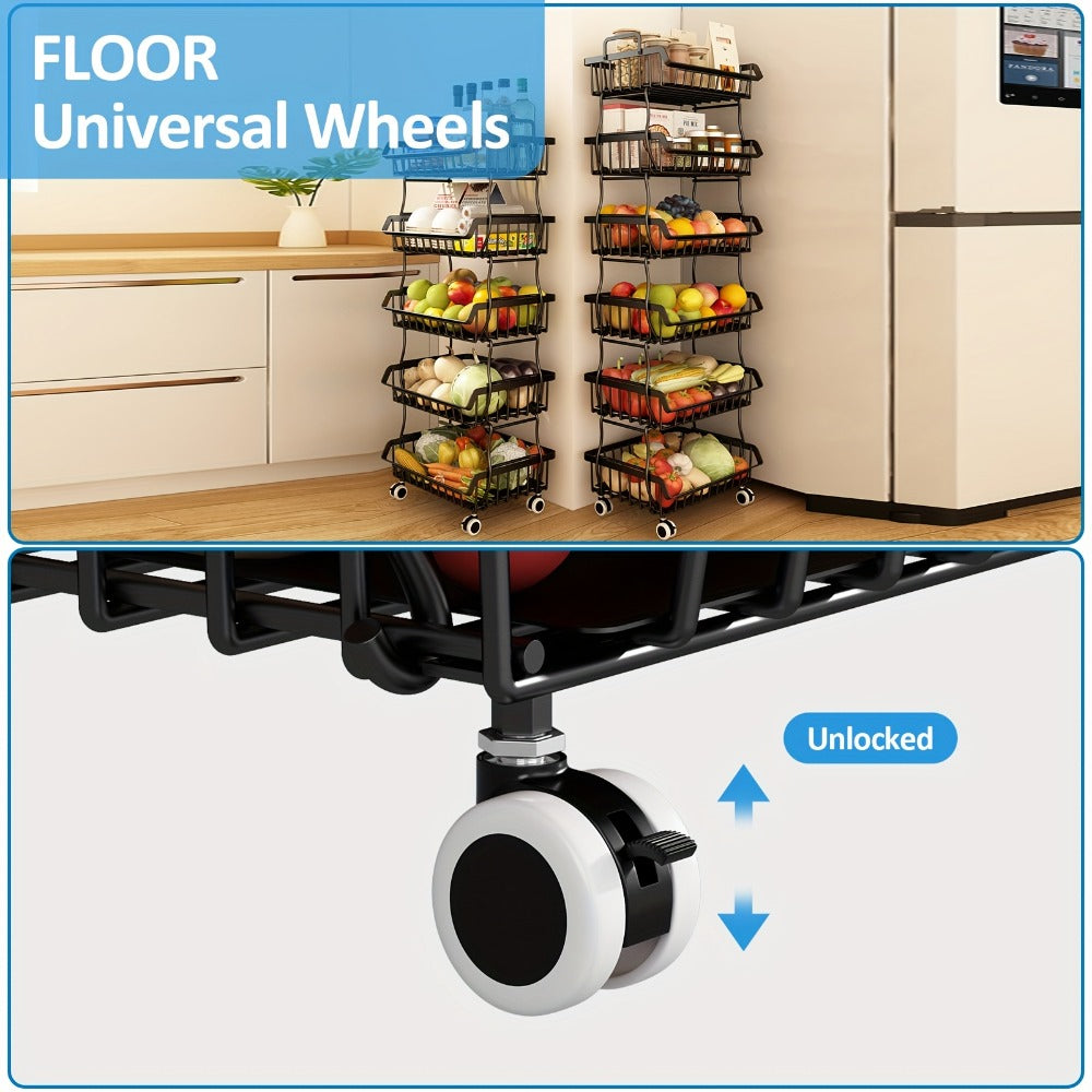 6-Tier Stackable Metal Wire Storage Basket Organizer with Wheels – Rolling Kitchen Pantry Rack for Fruits Vegetables Utensils