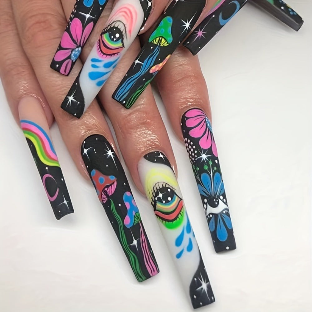 Press On Nails 120-Piece Extra-Long Set in Five Boxes with Cosmic, Crystal, Matte, Stripe and Floral Designs