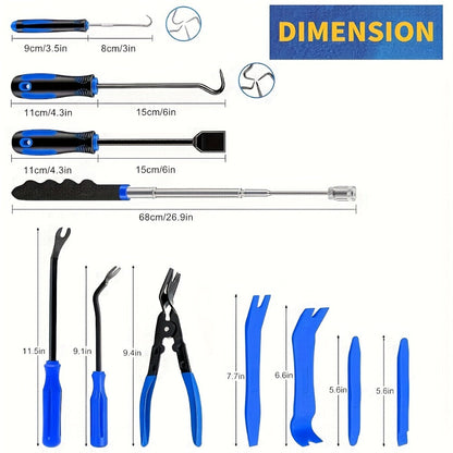 Auto Trim Removal Tool Kit 17pcs with Pry Tools Picks Metal Scraper Magnetic Telescopic Pickup Non-Slip Clips for Car Door Panel Dash