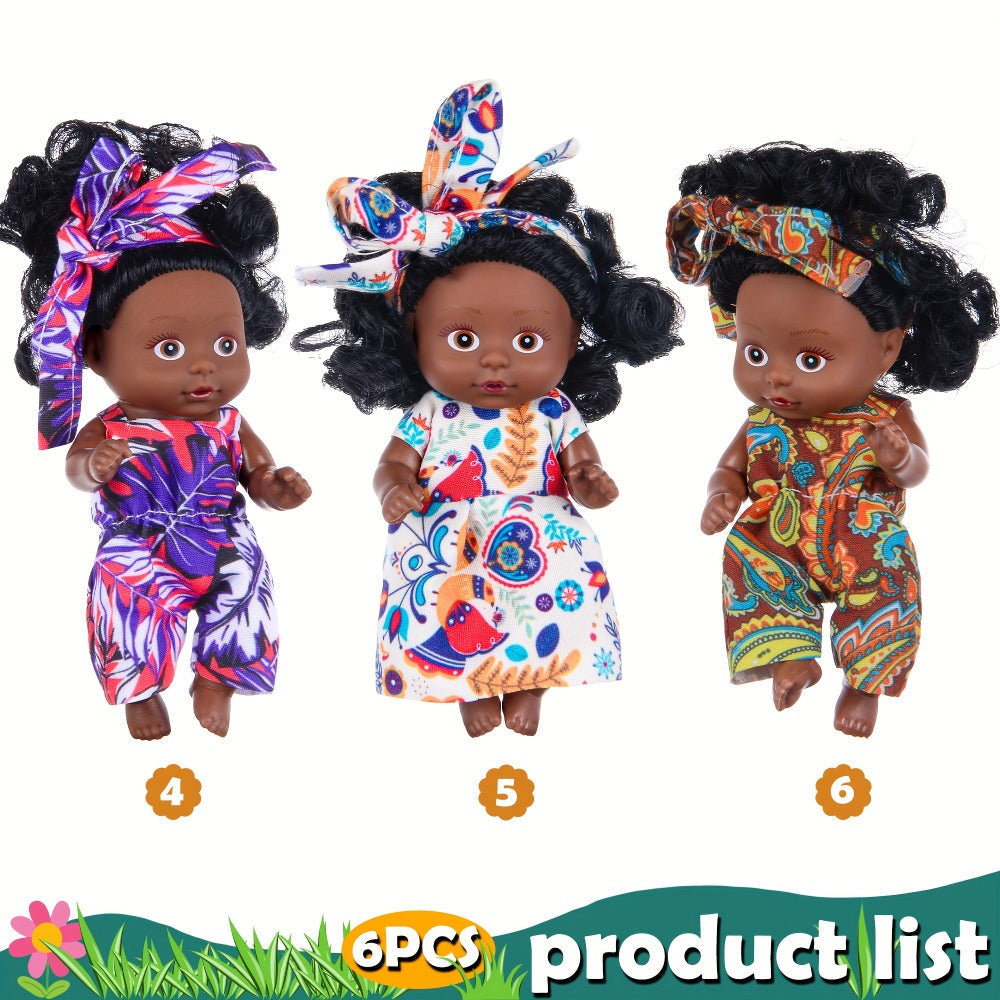Miniature Girl Doll Set 6 Pcs 4 Inch Articulated Arms & Legs, Colorful Outfits Printed Headscarf
