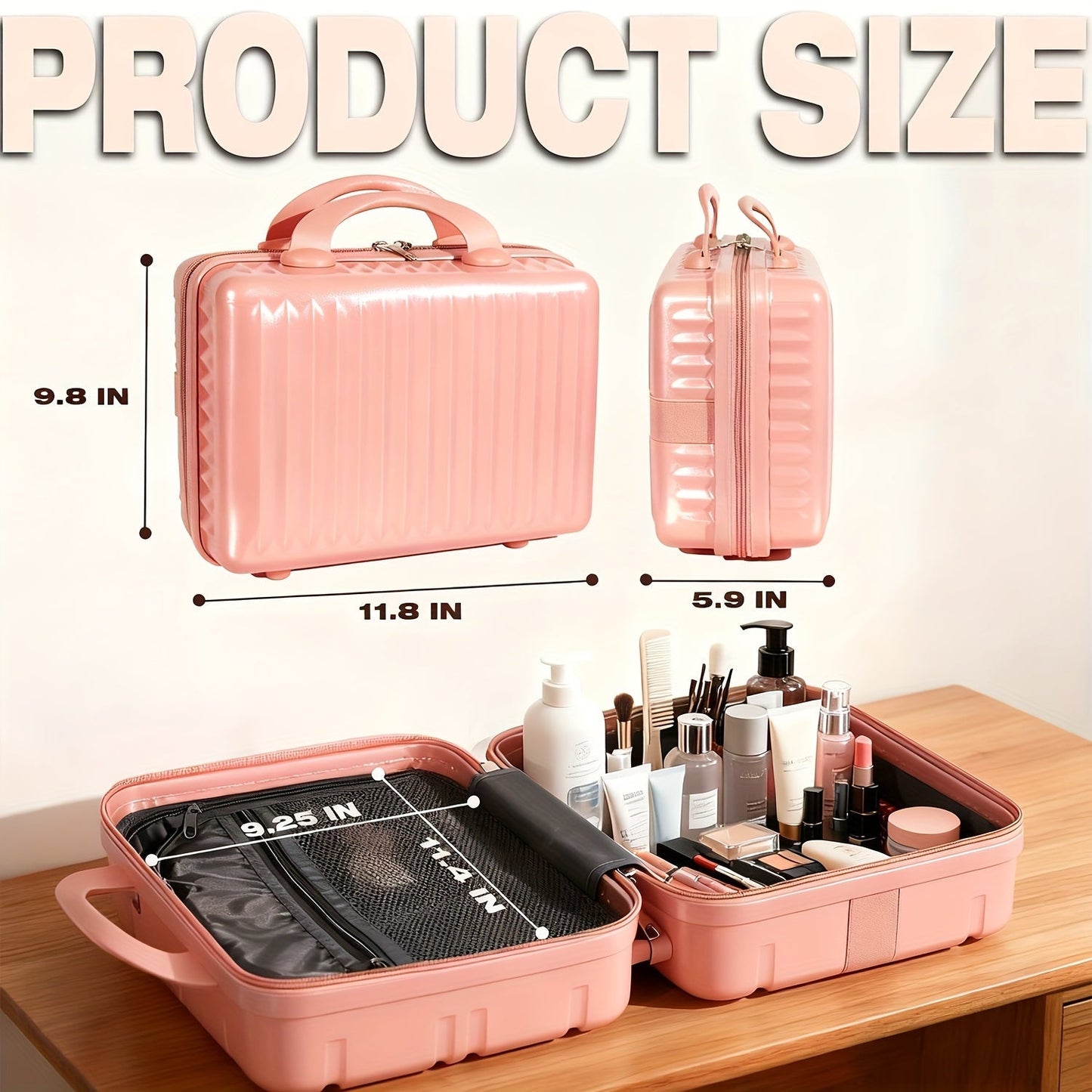 Hard Shell Makeup Travel Case Waterproof Pressure-Proof Portable Cosmetic Suitcase with Elastic Band Luggage Attachment Carry-On Organizer
