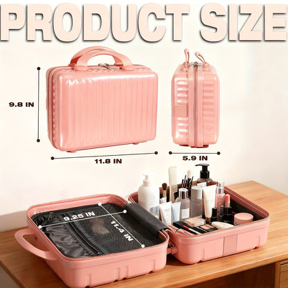Hard Shell Makeup Travel Case Waterproof Pressure-Proof Portable Cosmetic Suitcase with Elastic Band Luggage Attachment Carry-On Organizer