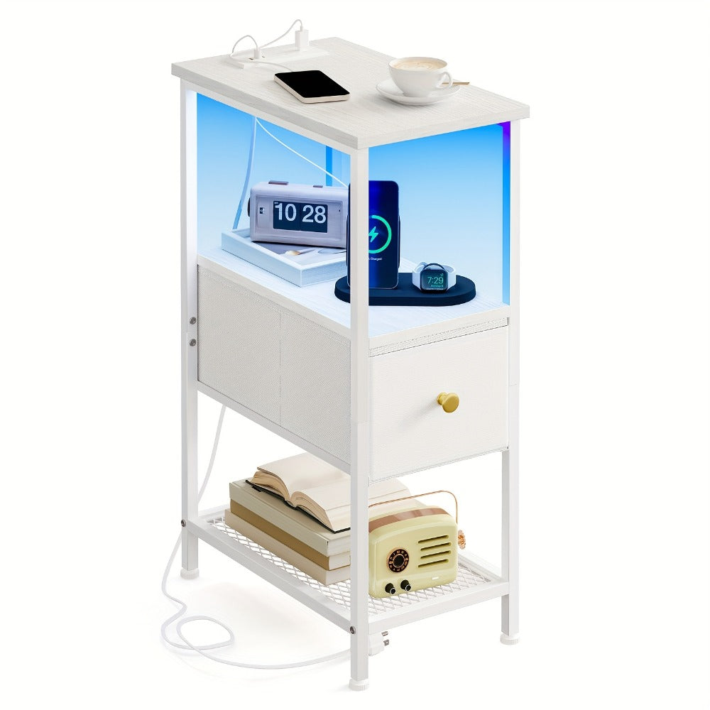 Nightstand Slim One or Two Fabric Drawers with Charging Station, LED Light and Single or Two-Pack Choice