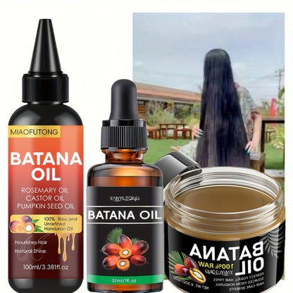 Three-Piece Batana Hair Care Kit with 3.38 oz Pointed Oil Bottle, Dropper and Cream Formats