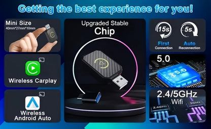 Mini Wired-to-Wireless CarPlay Adapter with USB-A Plug and USB-C Adapter in USB Set Pictured