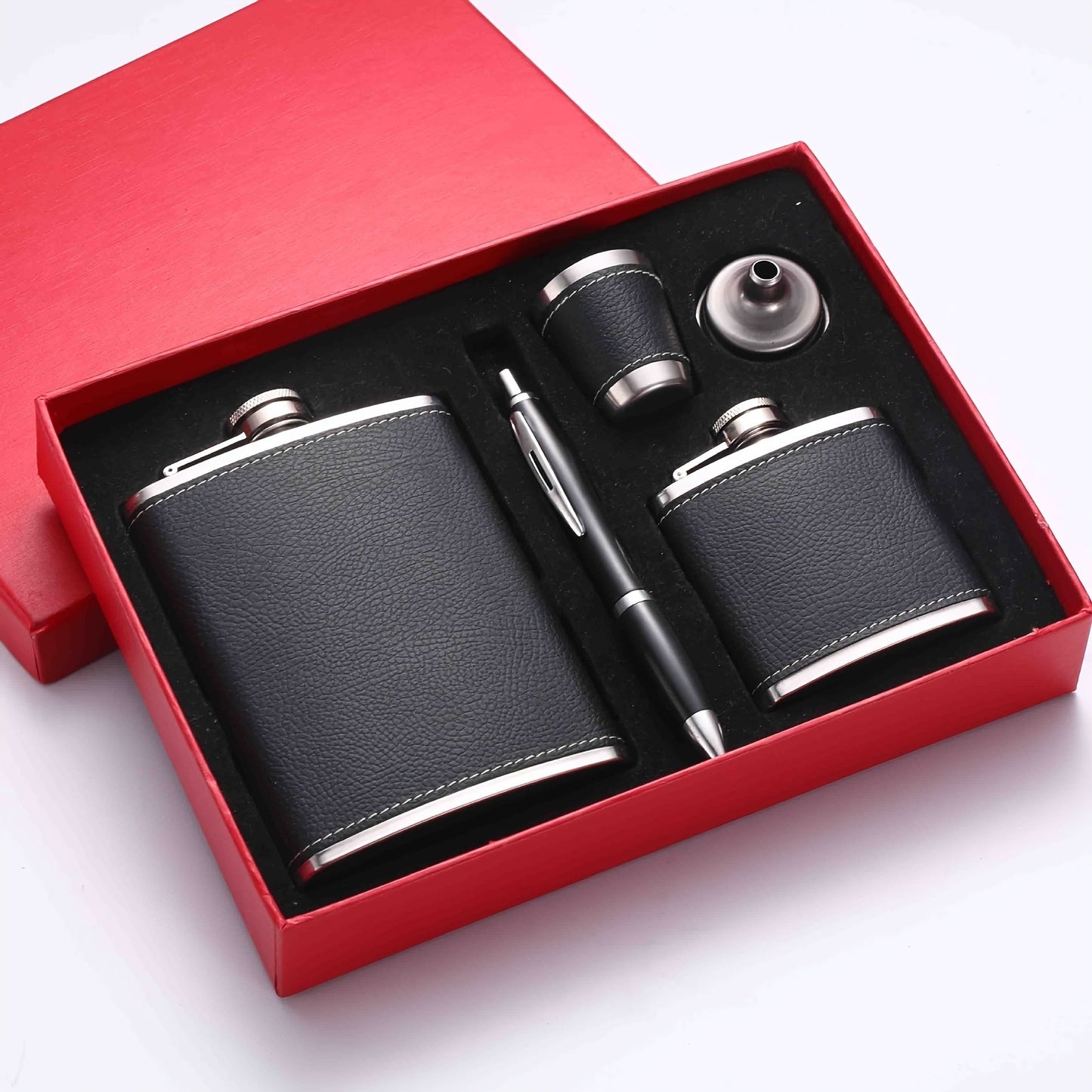 Stainless Steel Whiskey Flask Gift Set with Cup Filter & PU Leather Cover – 8.1oz + 3oz Dual Bottle Bar Gift for Men