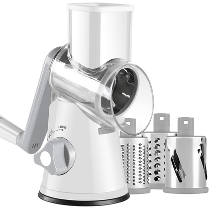 Rotary Cheese Grater, Stainless Steel Hand Crank Shredder with 3 Interchangeable Blades, Suction Base & Cleaning Brush