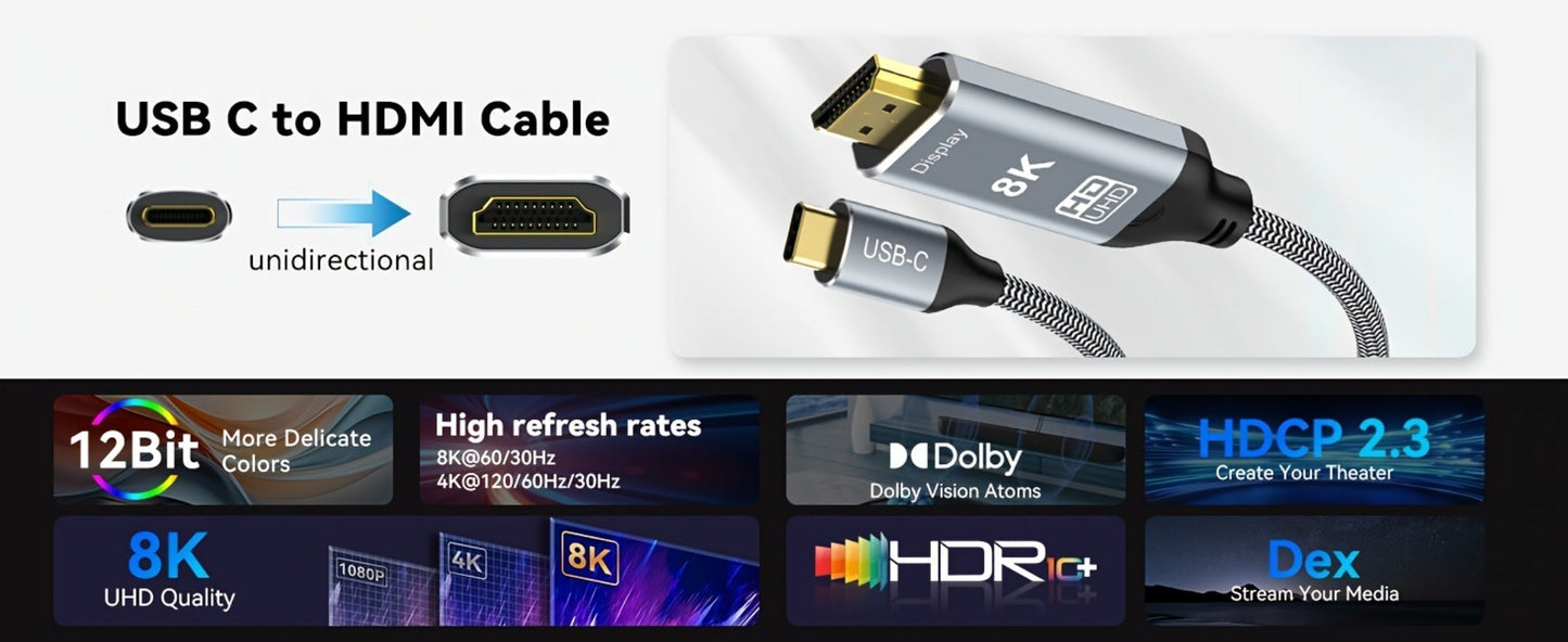 USB-C to HDMI 2.1 Cable 8K@60Hz 4K@144Hz, Aluminum Braided Thunderbolt 4/3 Compatible, 48Gbps HDCP 2.3 HDR