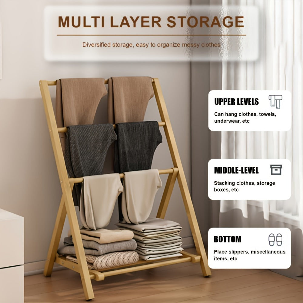 Bamboo Drying Rack 3 Tier Foldable with Storage Box – Space Saving Freestanding Clothes Hanger for Apartment, Bedroom, Bathroom & Balcony