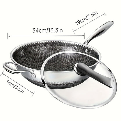 Stainless Steel Wok Set 13.3 Inch Non-stick Honeycomb Design with Lid & 2 Cookware Accessories