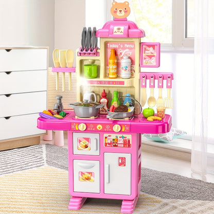 Pretend Play Kitchen Playset with Lights & Sounds, Interactive Toy Kitchen Accessories for Toddlers Ages 3+