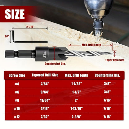 5pcs Countersink Drill Bit Set #4 #6 #8 #10 #12 Tapered with 1/4" Hex Shank Quick-Change for Entryways, Bedrooms and Living Spaces