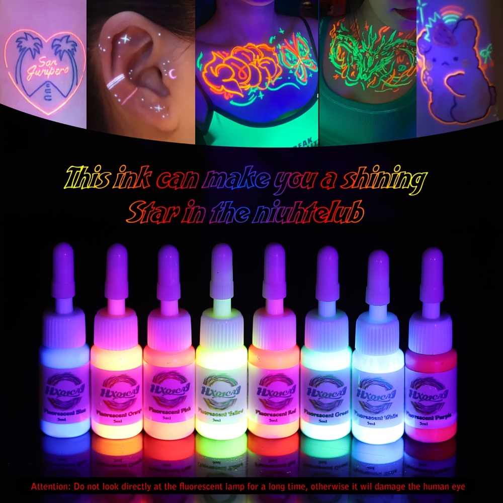 Tattoo Ink 8-Color UV Fluorescent Set with 5ml Bottles and Full Neon Color Range with Item-Specific Color, Capacity and Bottle Choices
