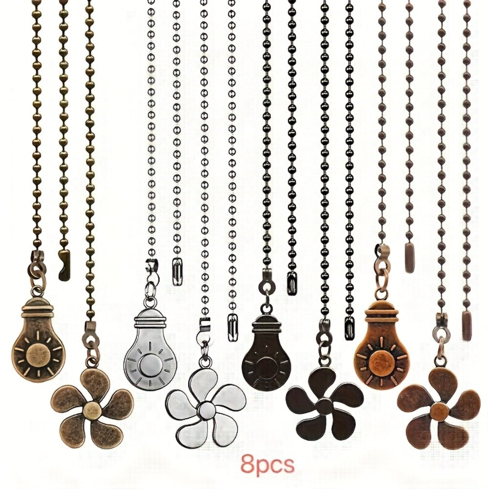 Ceiling Fan Pull Chain Extension Set of 8 – Decorative Bead Chain Pull Cord with Five-Leaf & Bulb Pendants, Iron Chain & Zinc Alloy, Bronze