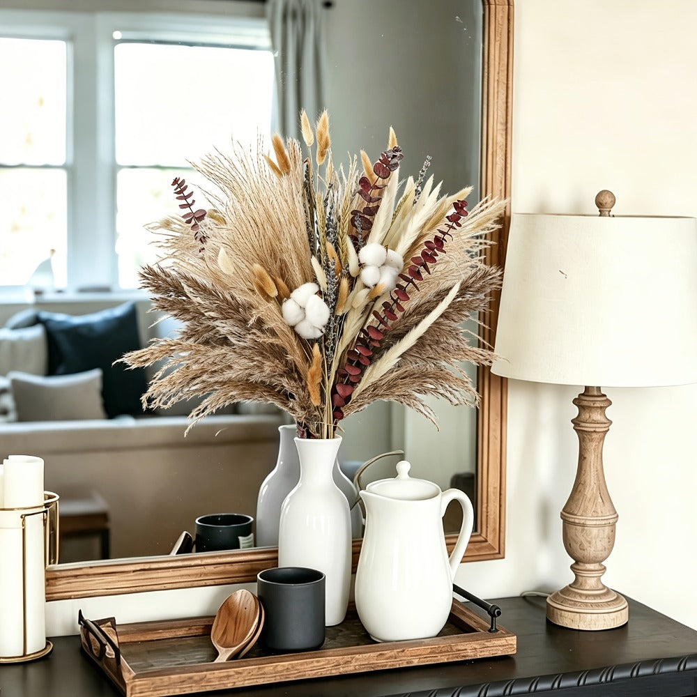 Boho Pampas Grass Dried Flower Arrangement, Lavender Eucalyptus Bouquet with Gemstone Accents for Home Decor