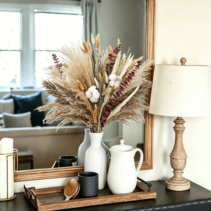 Boho Pampas Grass Dried Flower Arrangement, Lavender Eucalyptus Bouquet with Gemstone Accents for Home Decor