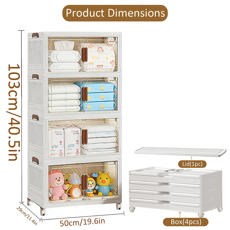 Stackable Foldable Storage Cabinet with Door, PP Plastic 1/2/3/4/5 Layer Organizer Box with Wheels & Cover