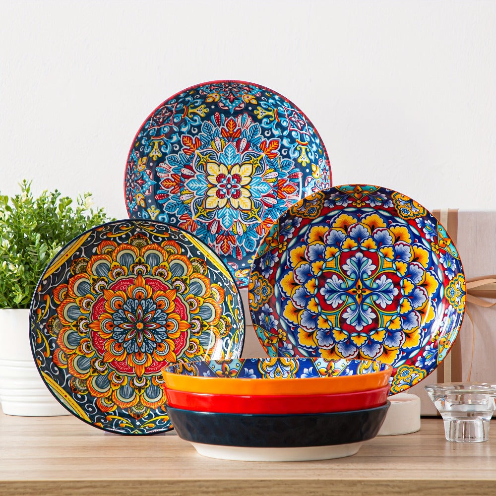 Bohemian Pasta Bowls Set of 6, 32 Oz Porcelain, Floral Pattern, Microwave &, VANCASSO for Entryways, Bedrooms and Living Spaces