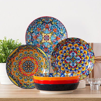 Bohemian Pasta Bowls Set of 6, 32 Oz Porcelain, Floral Pattern, Microwave &, VANCASSO for Entryways, Bedrooms and Living Spaces
