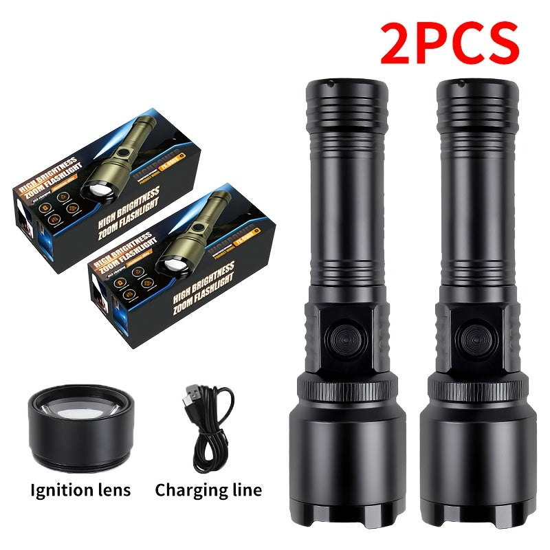 Two-Piece Black Rechargeable Zoom Flashlight Set with Ignition Lens, USB Charging Cable and Focus Control