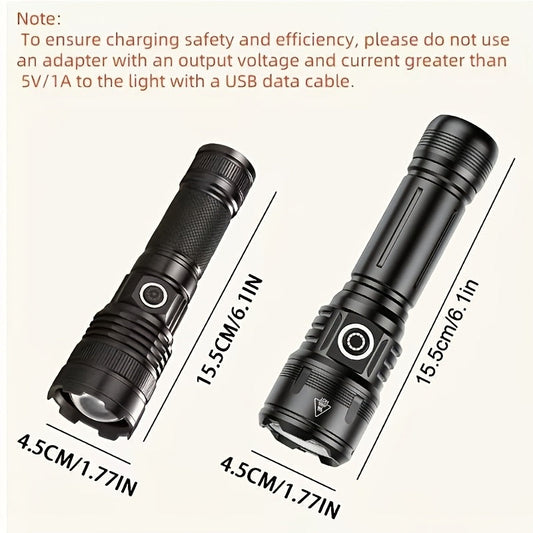 Two-Piece Black Rechargeable Zoom Flashlight Set with Ignition Lens, USB Charging Cable and Focus Control