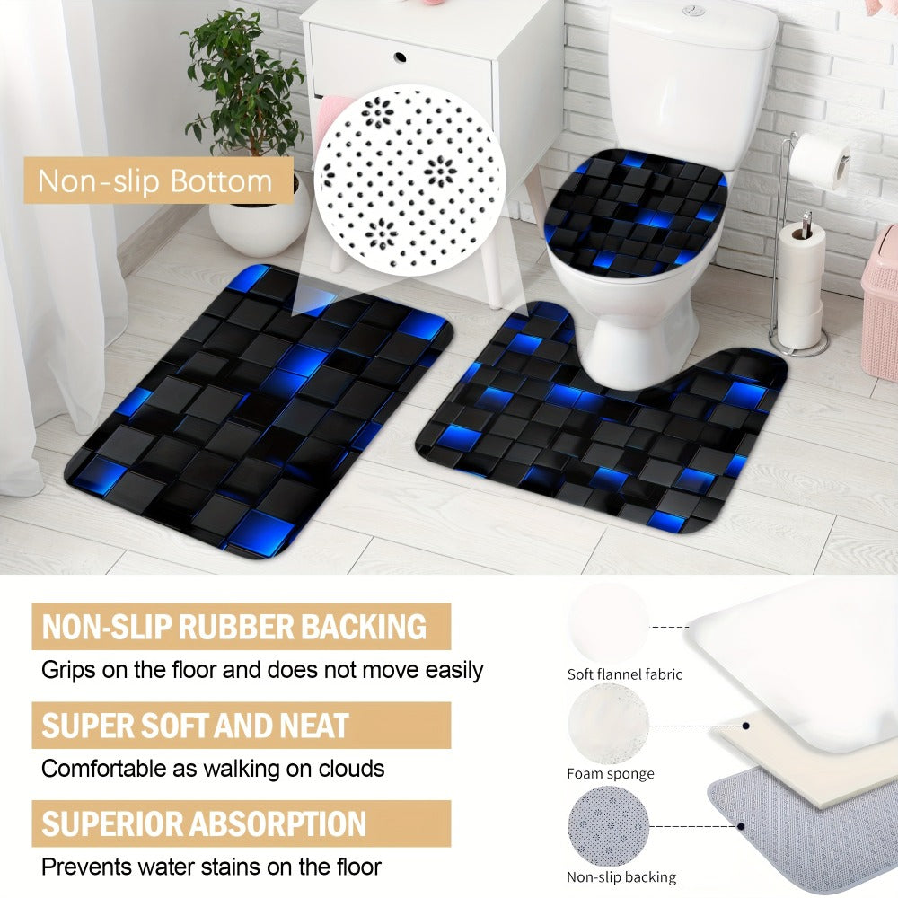 Shower Curtain Set with 12 Hooks & Toilet Seat Cover, 4-Piece Bathroom Set Dark Blue Geometric Abstract Cube Pattern