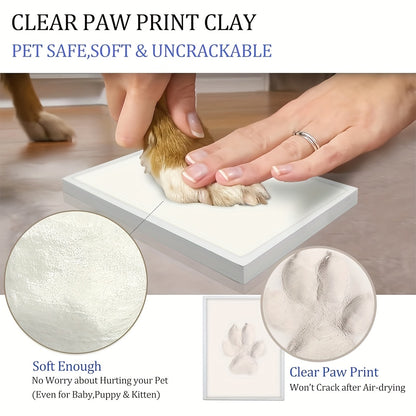 Pet Paw Print Frame Kit with Clay Impression – Wooden Photo Frame Keepsake for Dogs & Cats, Tabletop Memorial Gift