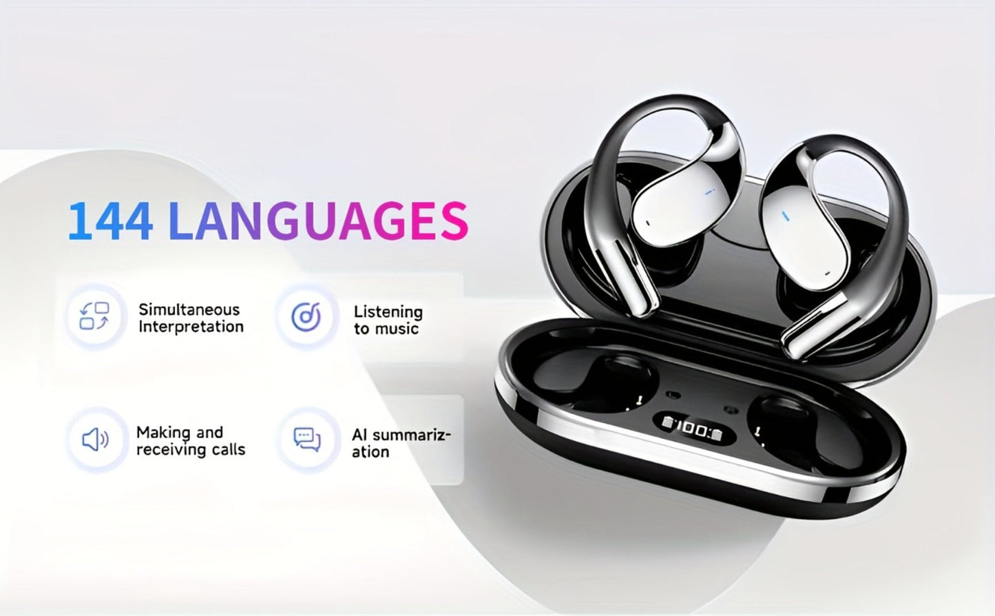 6-Mic AI Translation Bone Conduction Headset 144 Languages, Real-Time Translator Wireless Headphones