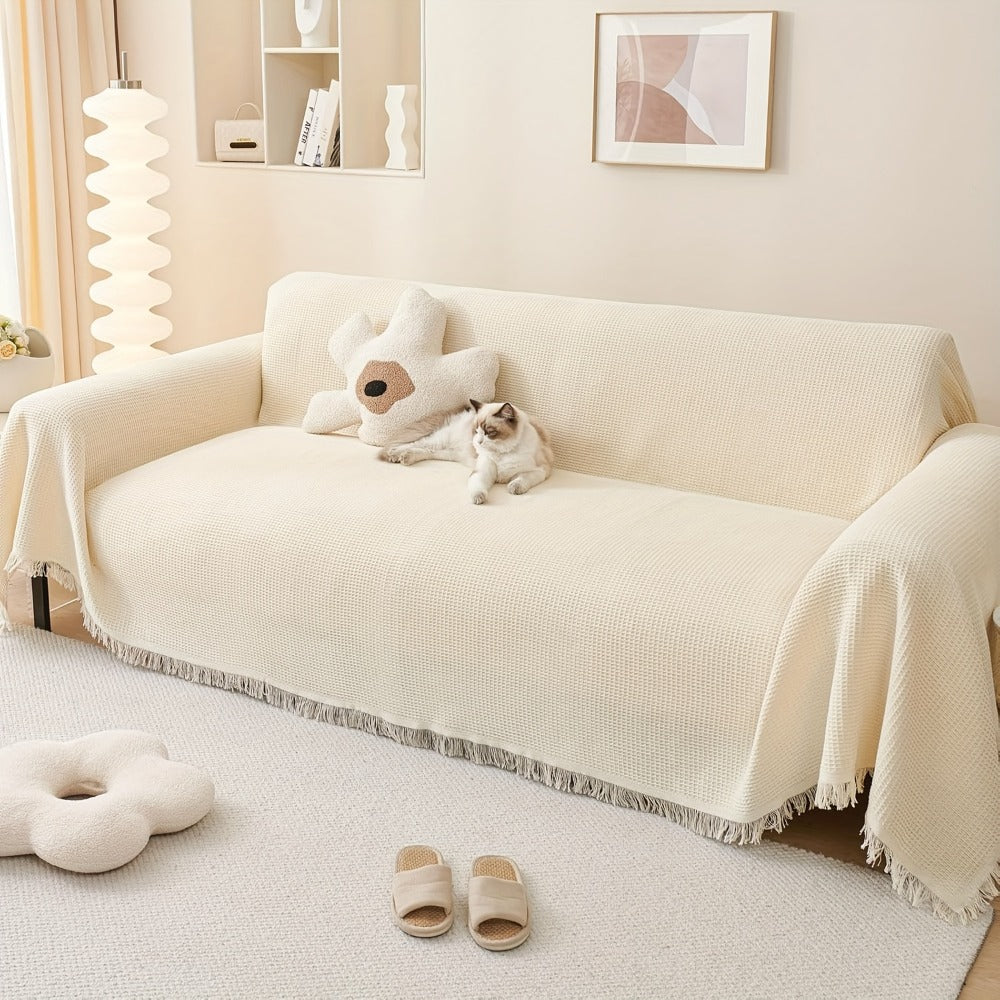 Sofa Throw Cover with Tassels Scratch Resistant Breathable Couch Blanket Slipcover for Entryways, Bedrooms and Living Spaces