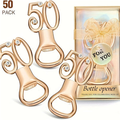 Rhinestone Bottle Opener Party Favors 50 Pack – Gold 50th Birthday & Wedding Anniversary Souvenirs for Guests