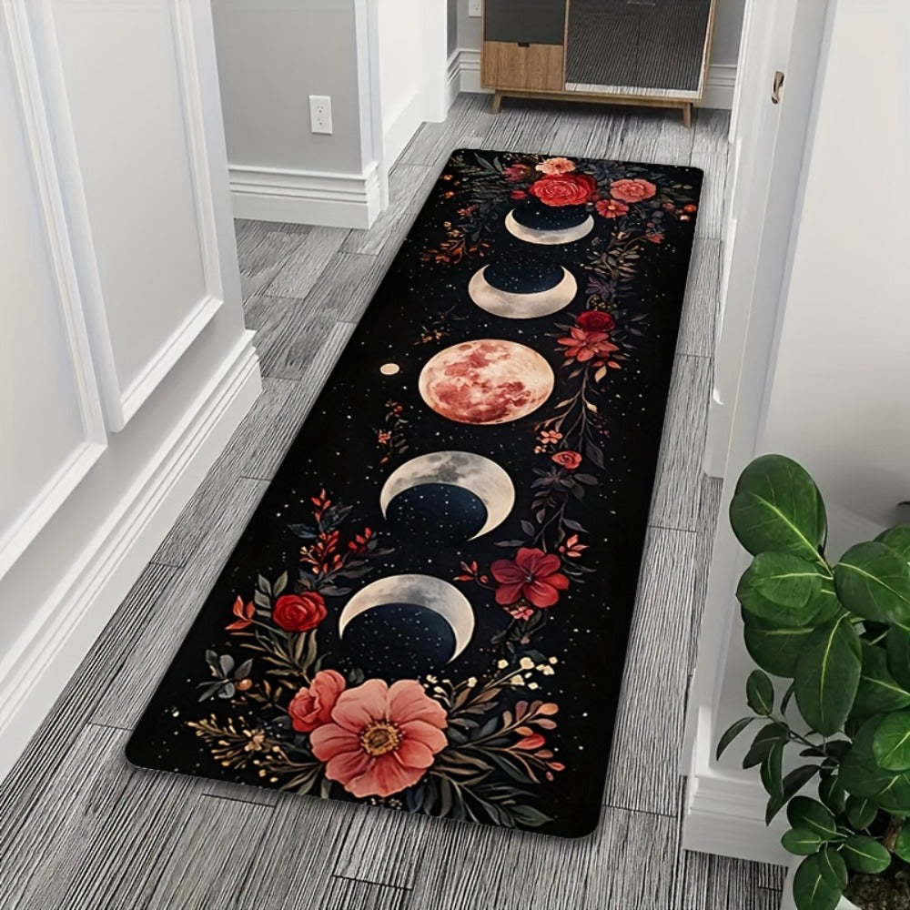 Area Rug Bohemian Moon Phase Floral Runner in Two Machine-Washable Sizes for Kitchen or Hallway